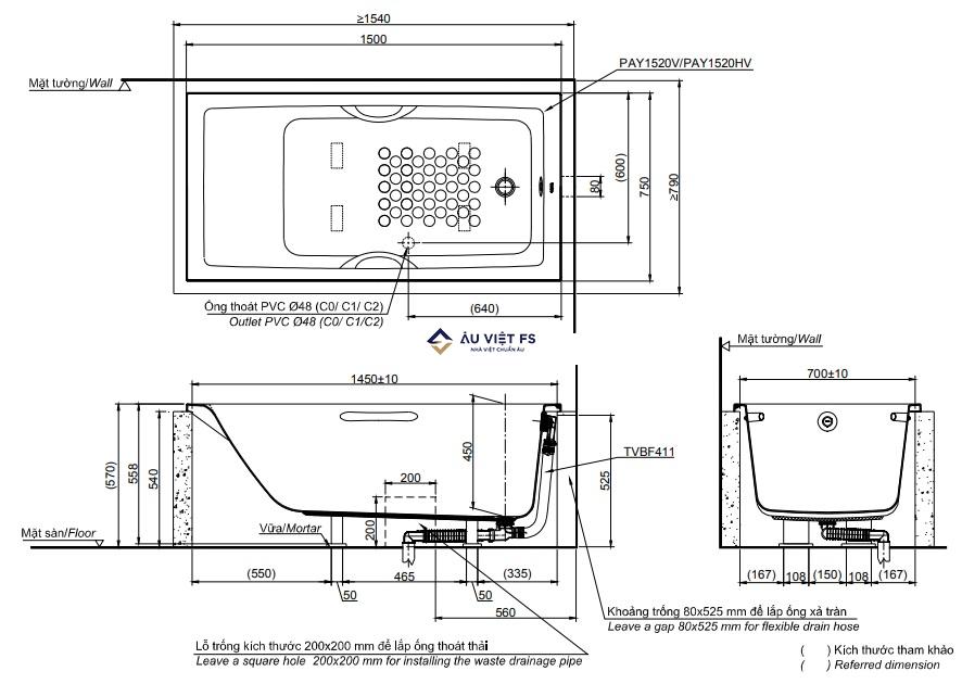 Bản vẽ kỹ thuật bồn tắm TOTO PAY1520V-TBVF411